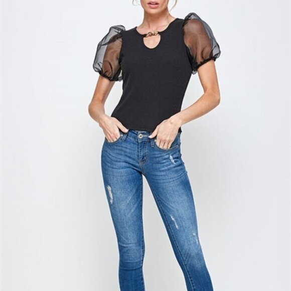 Puff Sleeved Black Top Black - Picture 2 of 8